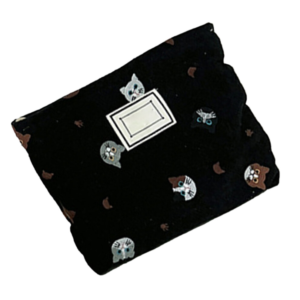 Portable Black Canvas Makeup Bag with Cat Embroidery, Zipper Closure