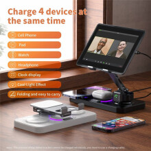 6-in-1 Wireless Charger Station Desktop Tablet Holder LED Light Clock Type C Port for 17-12 AirPods,A