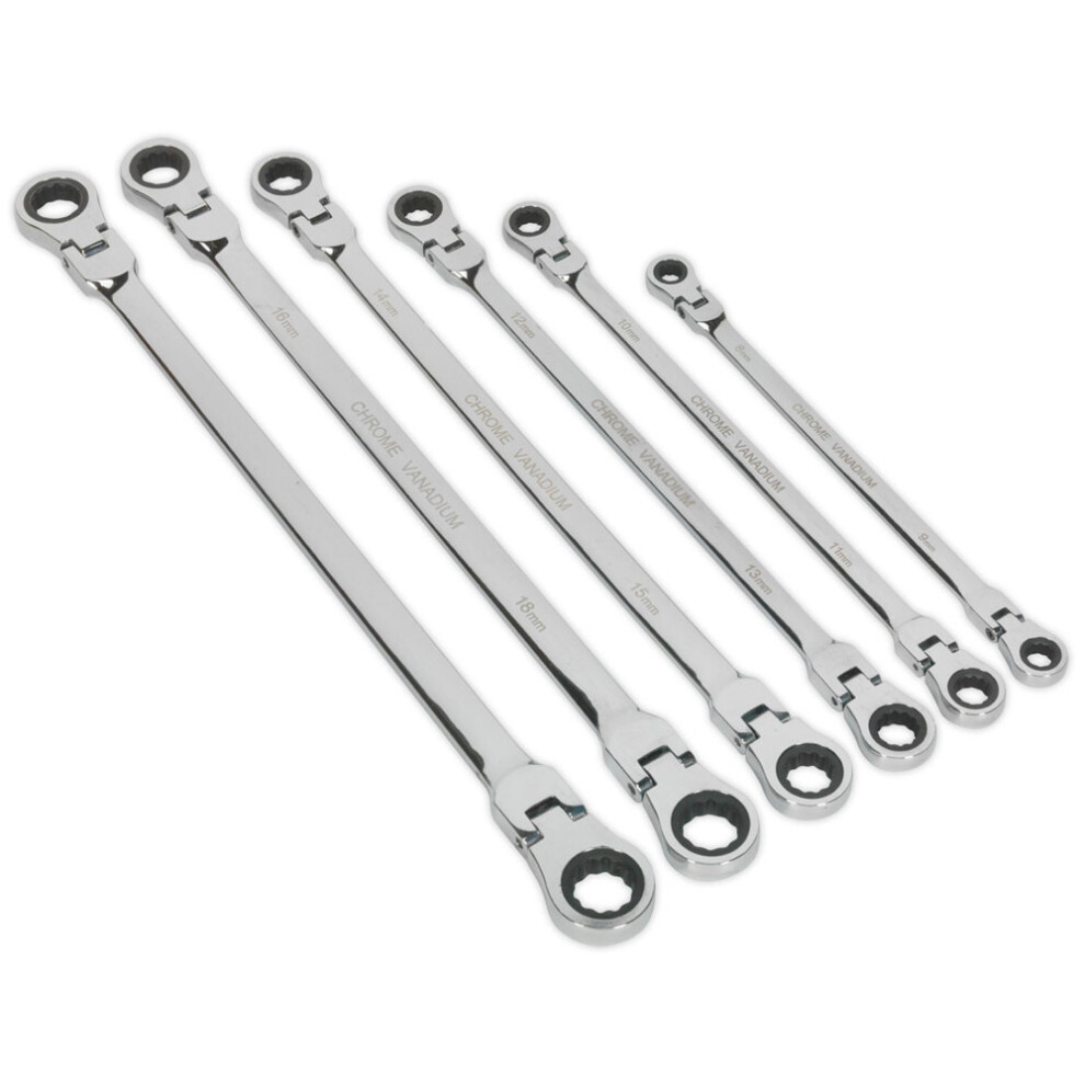 Flexi-Head Double End Ratchet Ring Spanner Set 6pc Extra-Long Metric