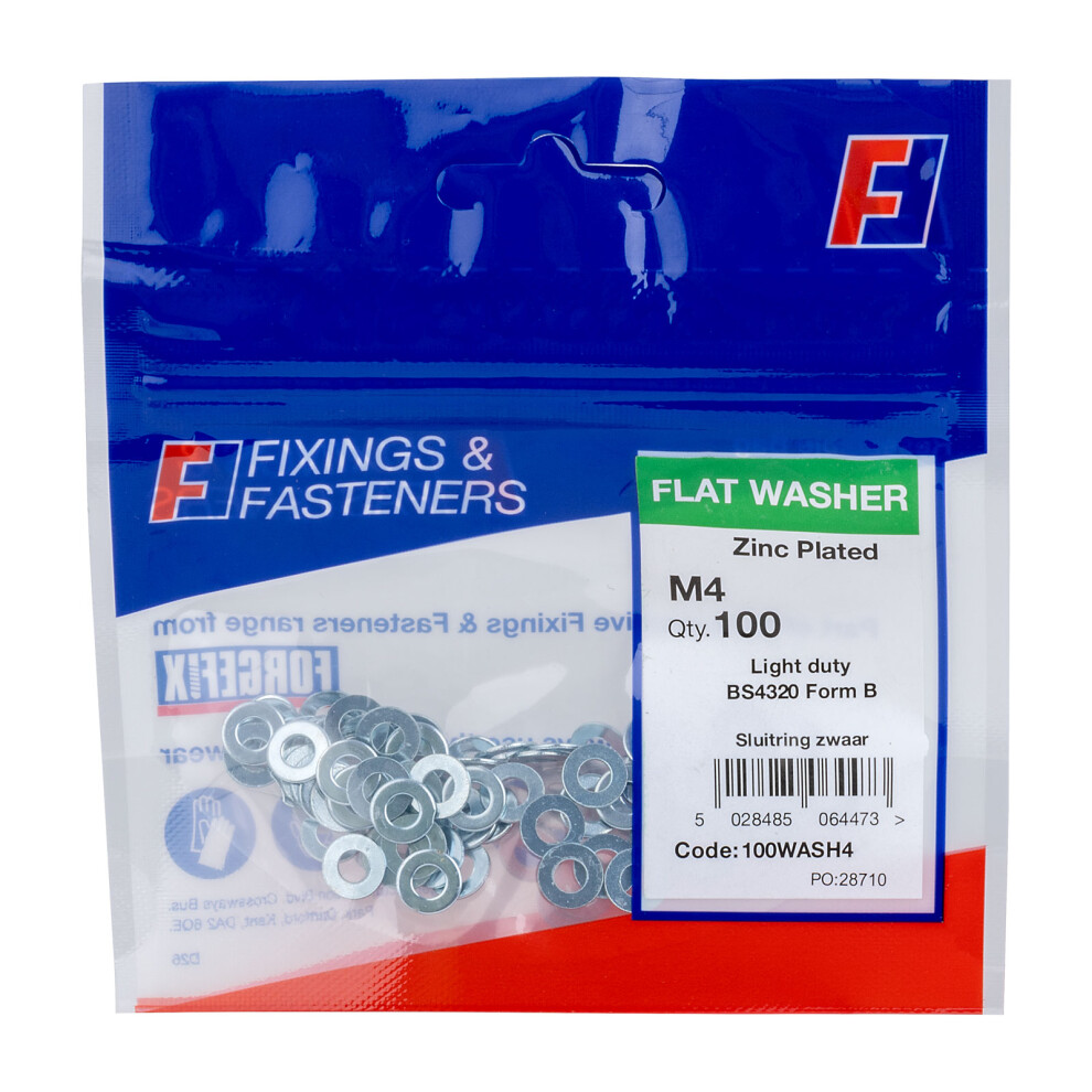Forge 100WASH4 Flat Washer Form B ZP M4 Bag of 100