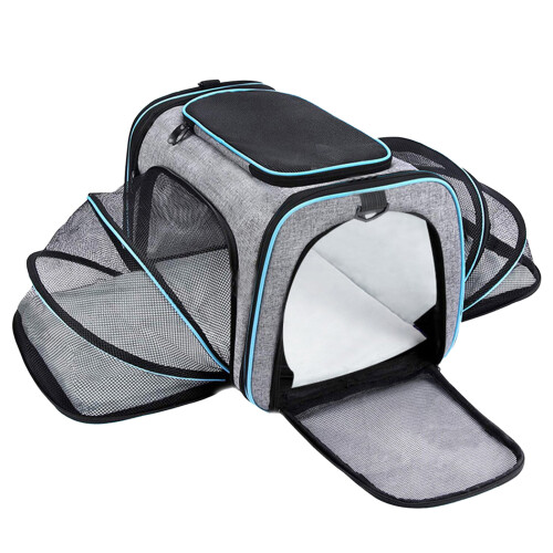 Großer, klappbarer Haustier-Reisebehälter mit Mesh, grau/blauer Rand 1