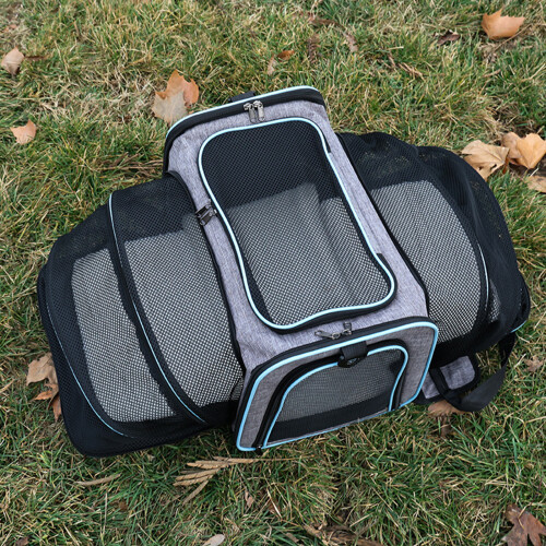 Großer, klappbarer Haustier-Reisebehälter mit Mesh, grau/blauer Rand 2