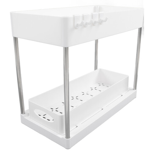 Efficient Under Sink Organizer For Enhanced Storage, 2 Tier Sliding System With Hooks Offers Quick Access, Abs Plastic Build Guarantees Strength And E 1