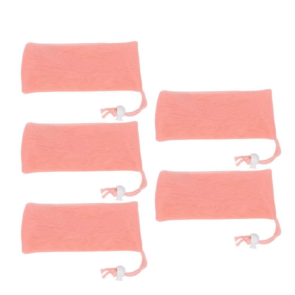 Pink Soft Mesh Soap Pouch 5Pcs Exfoliating Drawstring Soap Net For Body & Face