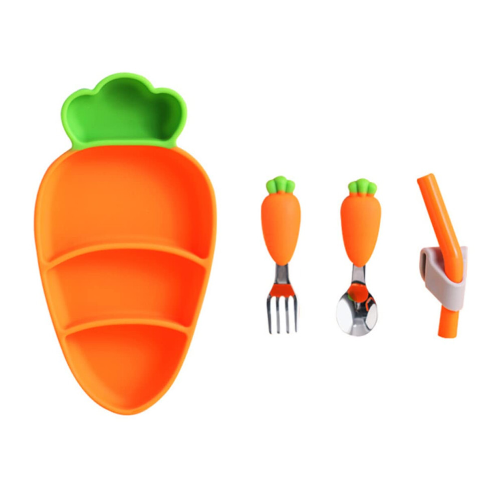 CarrotShaped Silicone Toddler Plate 4Piece Feeding Set With Spoon Fork And Straw Dishwasher Safe Weaning Unisex