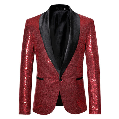 Sequin Jacket For Men, Slim Fit, OneButton Blazer, Wine Red, Size L, Disco Style