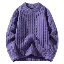 Knitted Jumper Men's Chunky Knit Crew Neck Long Sleeve Slim Fit Winter Warm Airy Pullover Plain Purple Size L