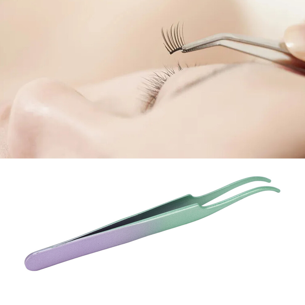 Curved Lash Tweezers Tight Bite Stainless Green Purple Gradient