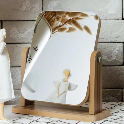 Vanity Makeup Mirror with Bamboo Stand, 360 Rotating Square Tabletop Dressing Mirror 20x18cm 1