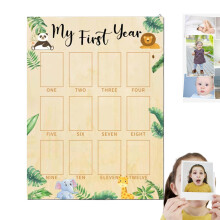 First Year Photo Board with Monthly Photo Slots, Jungle Theme Wooden 1st Birthday Decorations for Boy