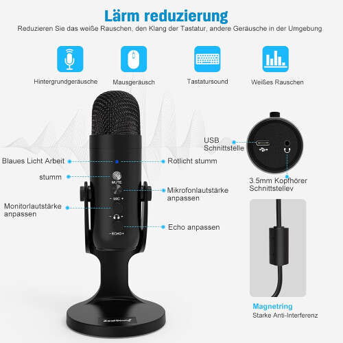 Microfono multifunzione per PC, cellulari e tablet, suono di alta qualità, microfono USB plug & play con matrice a tre capsule 2