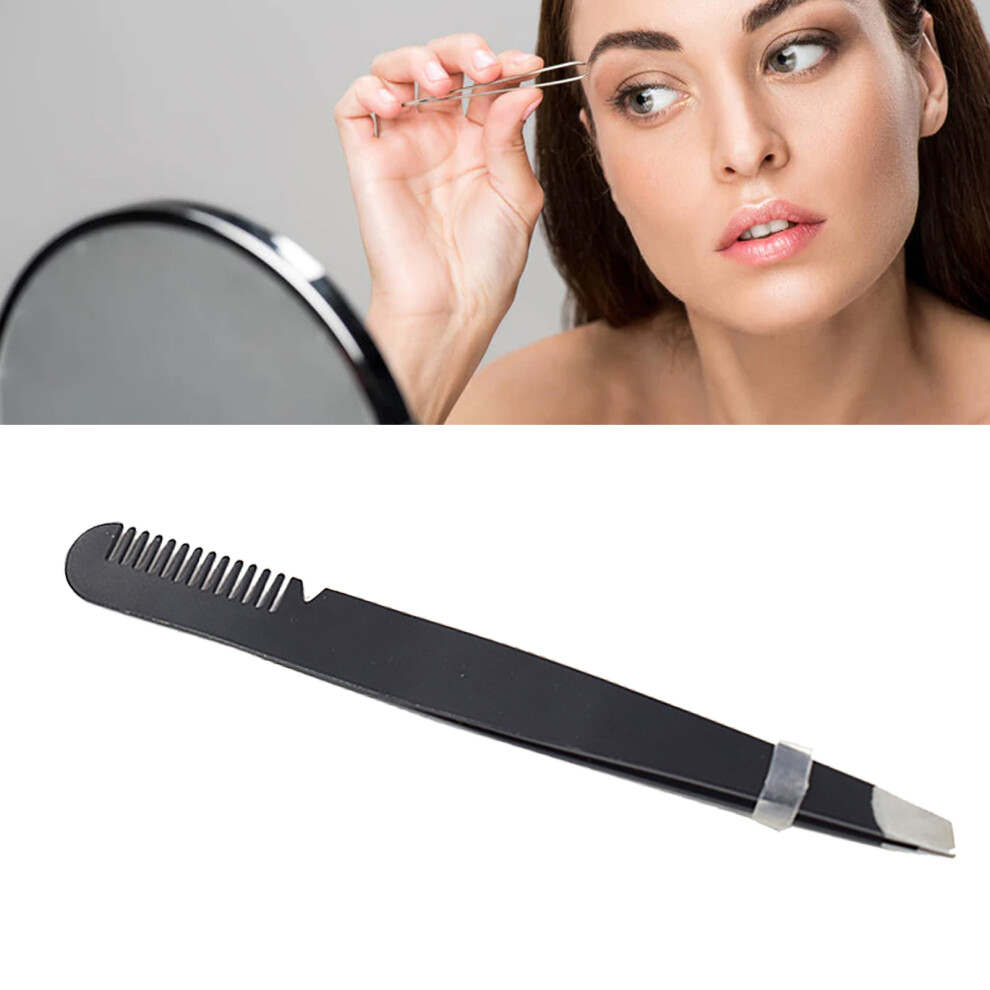 Black Stainless Steel Multi-Purpose Eyebrow Tweezers With Comb,