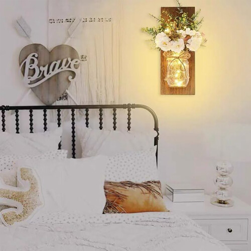Hanging Mason Jar Wall Decor, Rustic Wall Decor with Timer Function and 8 Modes Setting, Remote Control LED String Lights for Farmhouse Kitchen Decora 1