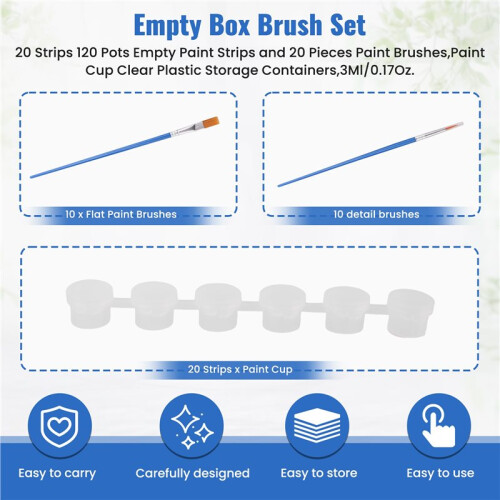 20 Strips 120 Pots Empty Paint Strips and 20 Pieces Paint Brushes,Paint Cup Clear Plastic Storage Containers,3Ml/0.17Oz 1