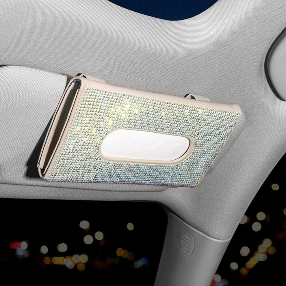 Car Tissue Holder Pu Leather Bling Car Visor Tissue Box With Crystals And Tissue Refill Beige 9189345230301