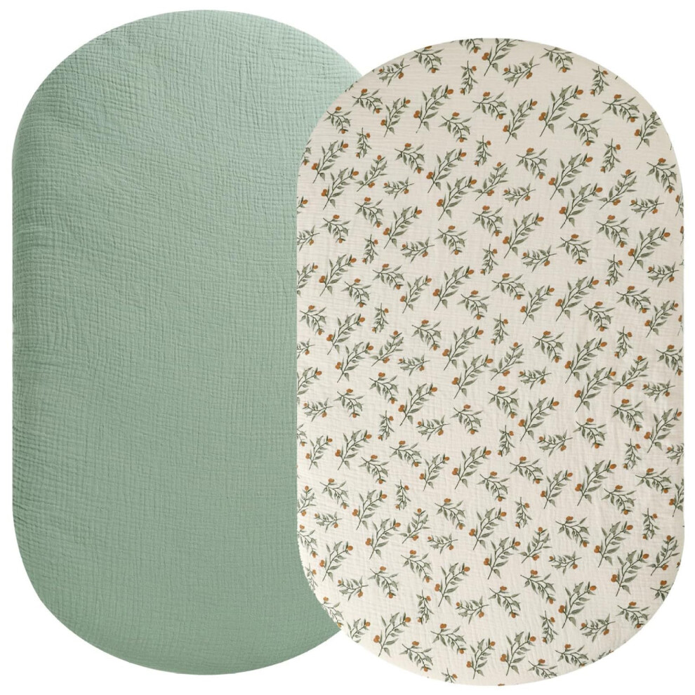 Organic Muslin Bassinet Sheets 32x16 Fitted, Breathable Cotton, Secure Fit, 2 Pack for Babies