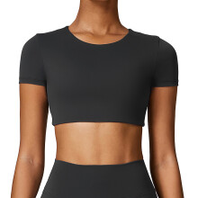 Top corto da donna aderente, traspirante, leggero ed elasticizzato, con scollo rotondo a doppio strato e maniche corte, stile Y2K, perfetto per