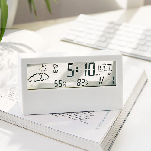 Decorative Indoor Weather Clock, Transparent Led Display, Temperature Humidity Sensor Clock, Clock Hygrometer Thermometer Alarm Clock Function, Modern