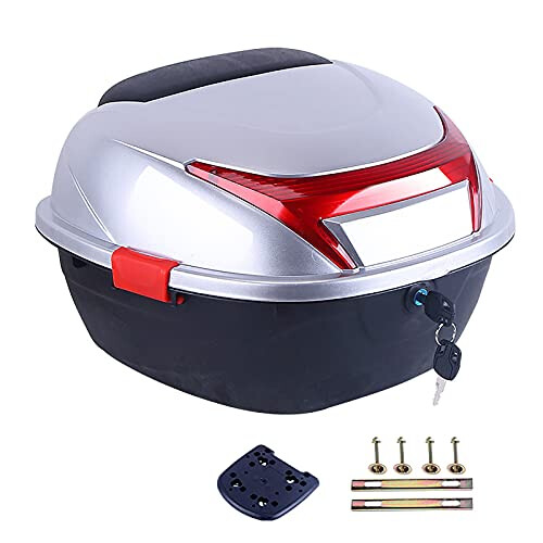 30L Motorcycle  Box with Backrest, Waterproof Tail Case with Night Reflector and Lock, Silver