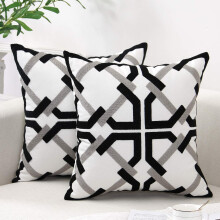 100 Percent Cotton Canvas Boho Decorative Cushion, Geometric Black And White Design For Couch Sofa Bed, Hidden Zipper, Machine Washable Cold (2PCS)