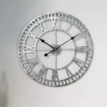 Wall Clock Outdoor Waterproof Garden Clocks, Retro Roman Numeral Iron Art, Battery Operated Silent 40cm Silver