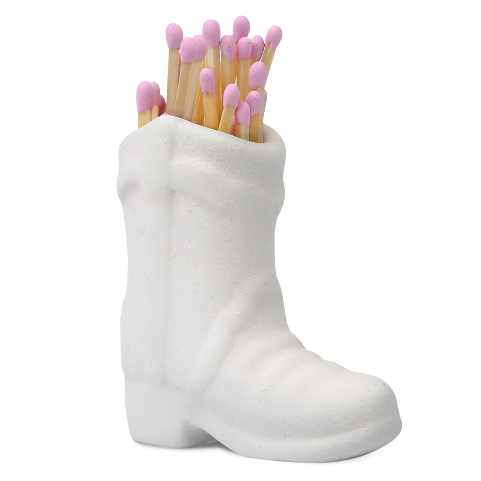 White Cowboy Boot Match Holder Handcrafted Ceramic Jar With Striker, Portable Multipurpose Matchstick Holder, Decor