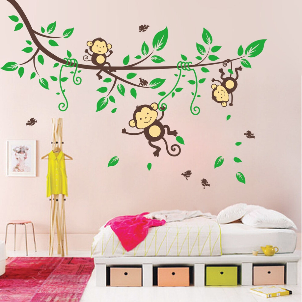 Jungle Adventure Wall Decals, Monkey Climbing Tree Removable Stickers for Kids Bedroom Decor, Bright Colored Animal Artwork, Reusable and Peel &