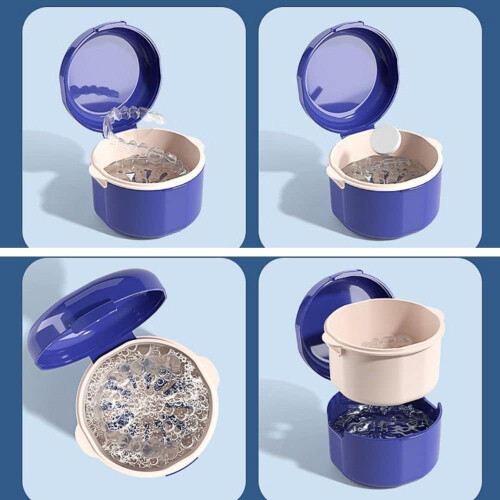 Denture Cleaning Case with Strainer, Double Layer Retainer Storage Box for Travel and Soaking 2
