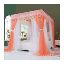 Mosquito Net Bed Canopy Double Pole for 1.5m Bed, 360 Enclosed Lace Curtain for Girls Bedroom