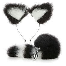Anal Plug 2Piece Butt Plugs Fox Tail With Plush Ears Cosplay Long Tail Black For Women Couples