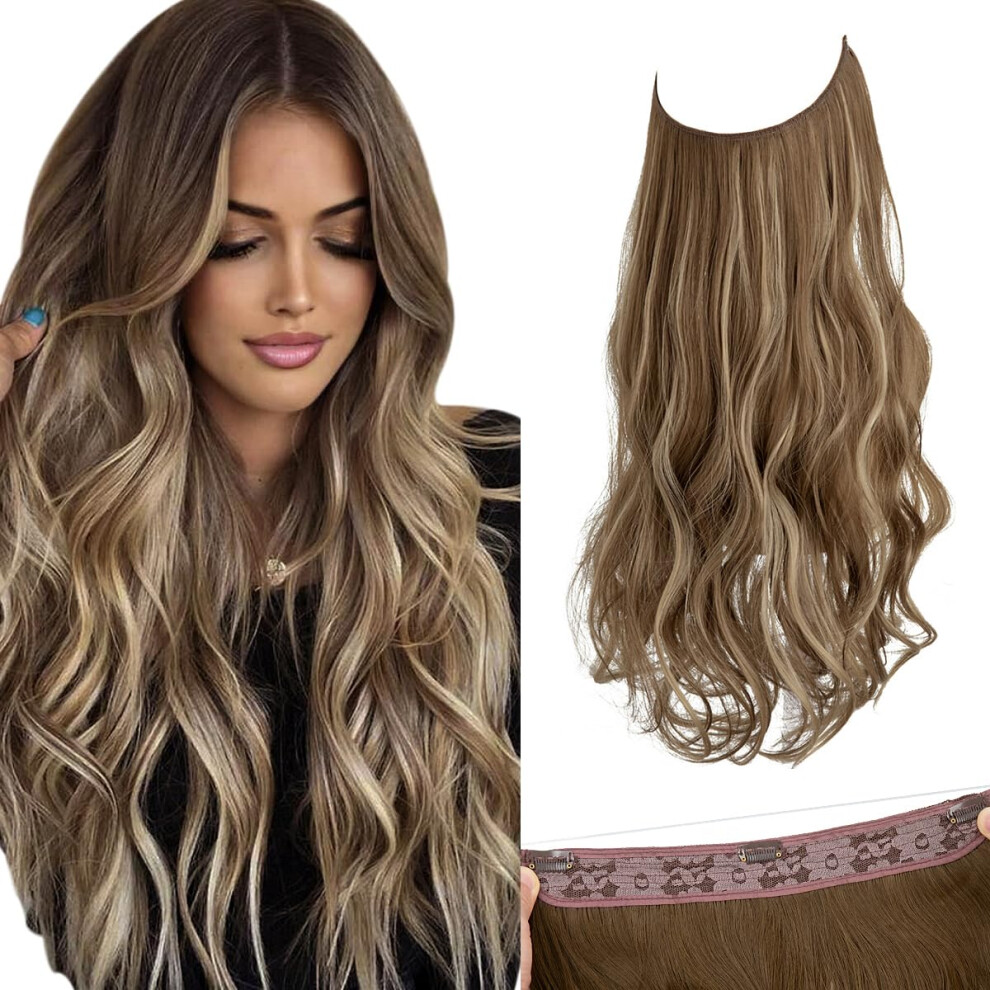 Unisex Brown Invisible Wire Hair Extensions 18 Inch 3Clip Synthetic Wavy Hairpiece Transparent Headband Ash Medium /Ash Blonde