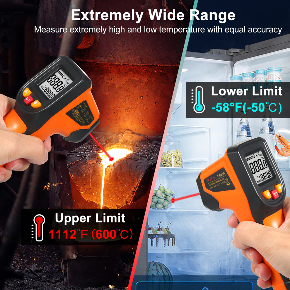 Infrared Thermometer Non-Contact IR Gun -50C to 600C, 12:1 Spot Ratio