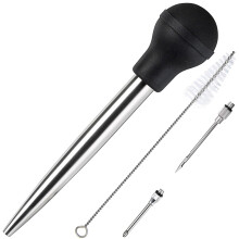 Stainless Steel Turkey Baster with Injector Needle and Cleaning Brush, Heat Resistant Bulb, Black