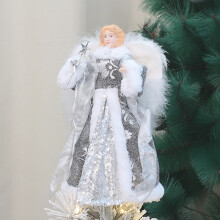 Lighted Christmas Tree Topper Angel, Flying Angel Winged Diva Fairy Goddess with Warm Yellow Glow and Glitter Fabric, Battery Operated Angel