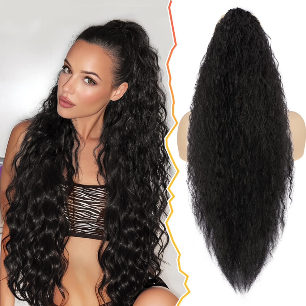 Curly Wavy Drawstring Ponytail Extension 30 Inch Synthetic Hairpiece For Women Comb Clip In Black Brown