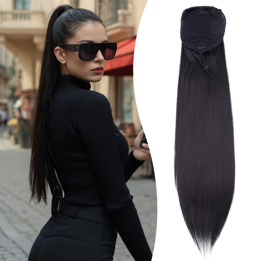 Yaki Straight Ponytail Hair Extension 22 Inch Clip In Extensions Drawstring For Women Synthetic Black 100g