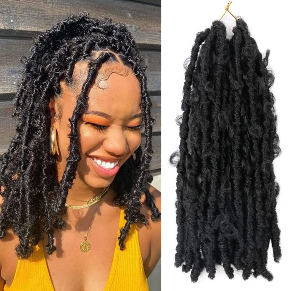 Unisex Butterfly Locs Crochet Hair 14 Inch Pre Looped Distressed Faux Locs Crochet Braids 3 Packs 1B Color