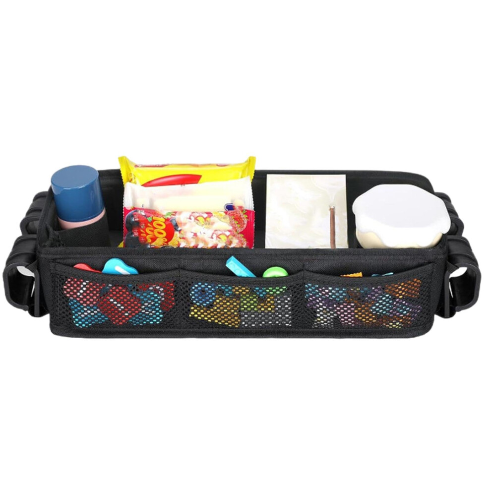 Stroller Snack Tray Attachment With Cup Holders, Waterproof Faux Leather Sides, Mesh Pockets For Kids Playing And Eating