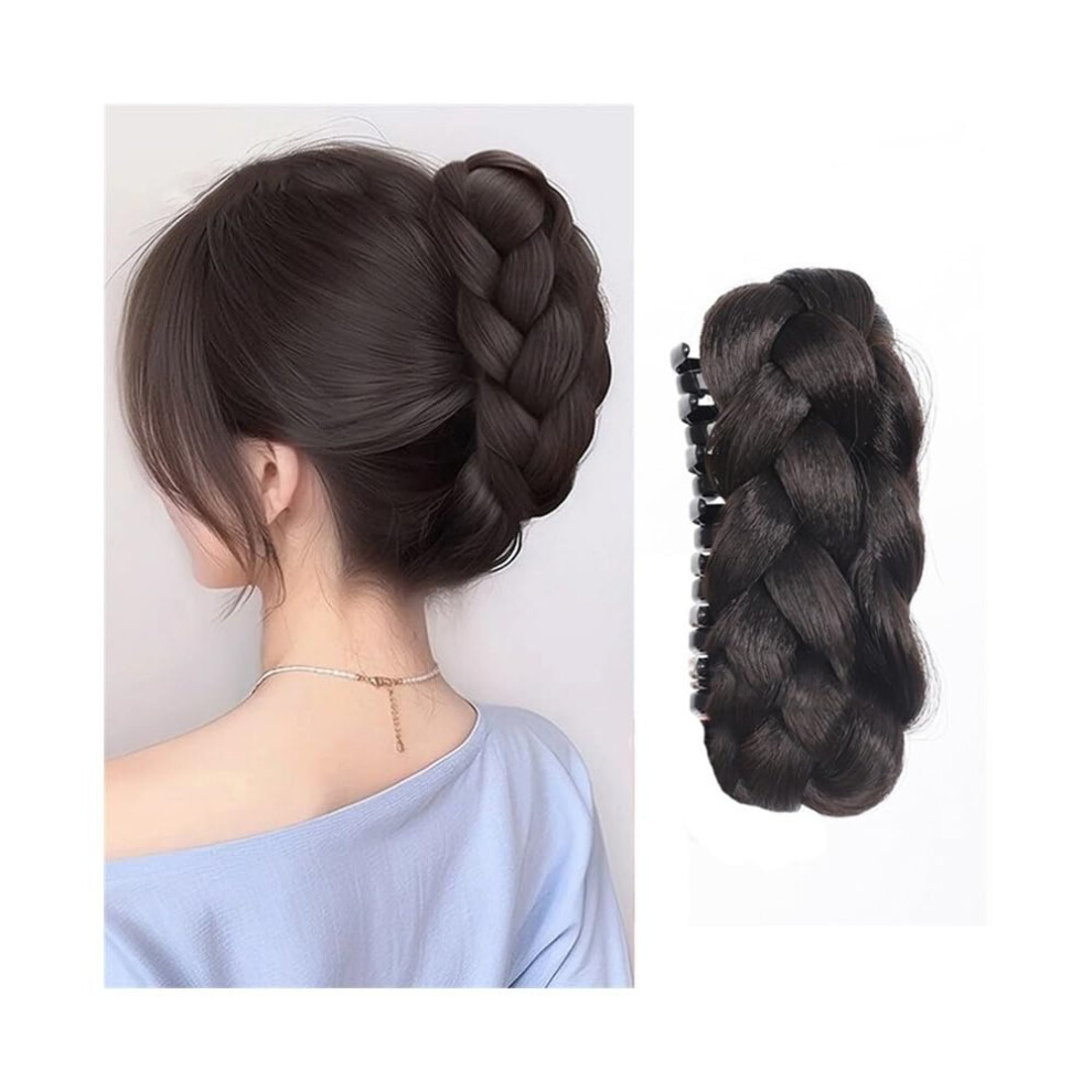 Unisex Black Fake Hair Bun Braided Bun Hair Piece Claw Clipin Synthetic Twisted Braiding Chignon Hair Extension Brownish