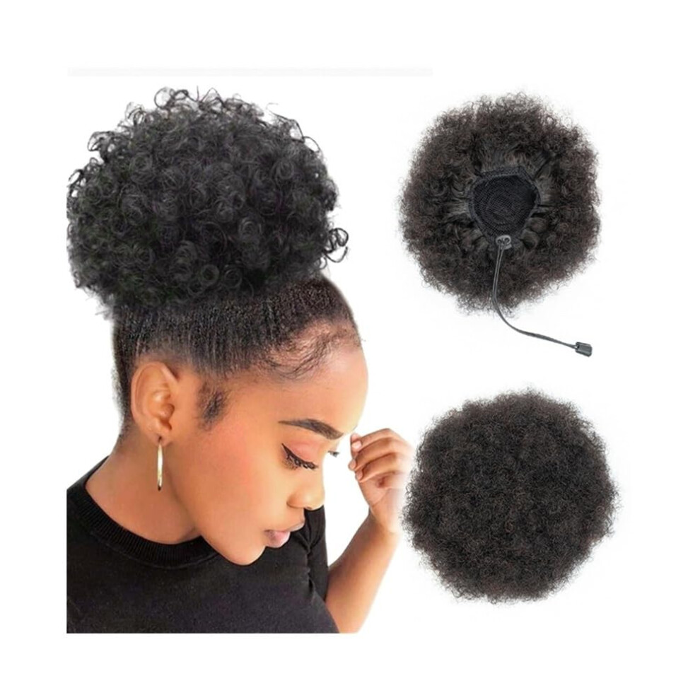 Unisex Fake Hair Bun Human Hair Kinky Curly Ponytail Hairpiece 4/6/8 Inch Afro Puff Drawstring Bun