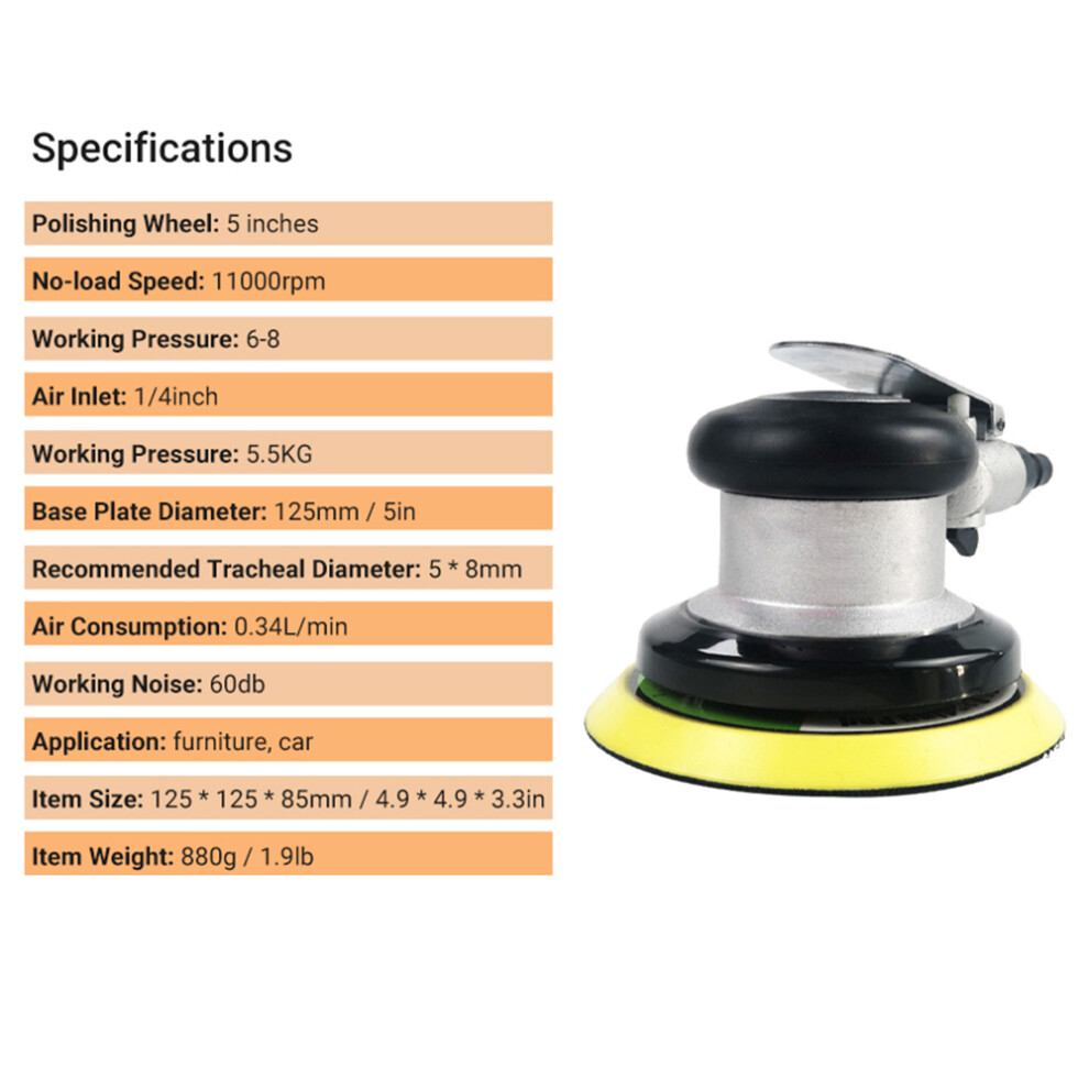 Geevorks 5In Air Random Orbital Sander, High-Speed Pneumatic Palm Polisher 8751376596490