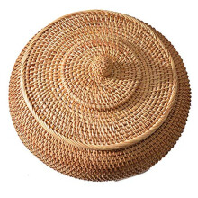 Rattan Boxes with Lid, 11Inch Round Wicker Tray, Hand Woven Rattan Fiber, MultiPurpose Storage Organizer