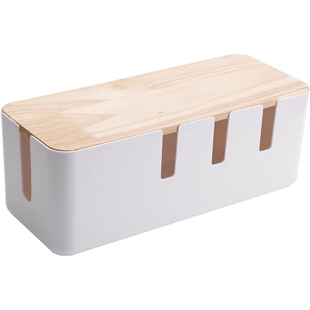 Cable Management Box With Bamboo Lid, White Large Organizer For Desk Tv Computer Wires, Minimalist Design With Ventilation For Heat Dissipation, Keeps 9088527499102