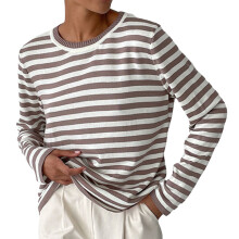 Top scurt cu mânecă lungă pentru femei, tricou cu dungi și guler rotund, material moale și confortabil, top casual elastic, tricotat cu nervuri