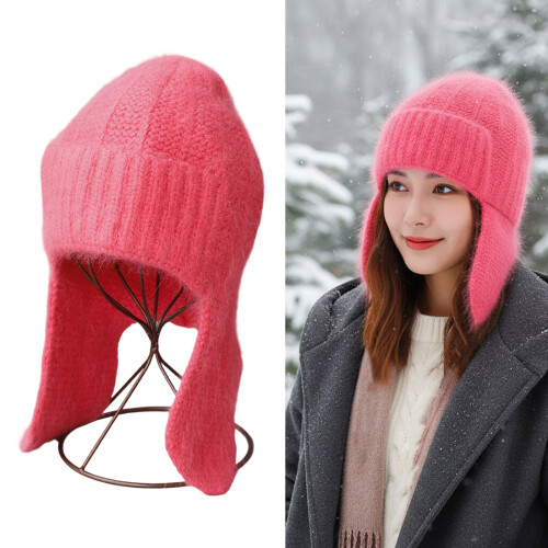 Warm Windproof Winter Cap Ears Comfortable Knit-bright pink 2