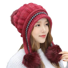 Chapeau d'hiver tricoté élégant avec pompons et-Rouge 1