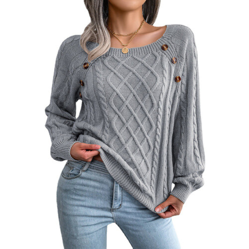 Damen Kabelstrickpullover mit Langarm, Rundhalsausschnitt, lockere Passform, grau, Größe S 1