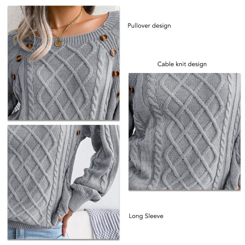 Damen Kabelstrickpullover mit Langarm, Rundhalsausschnitt, lockere Passform, grau, Größe S 2
