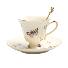 Ceramic Coffee Cup and Saucer Set with Spoon, Vintage Light Grey Tea Cup and Kettle