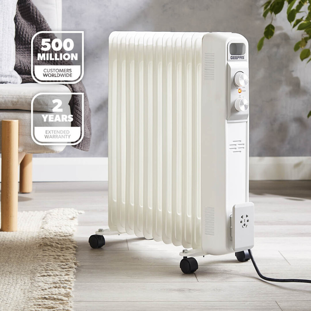 Geepas Oil Filled Radiator Heater 2500W, 11 Fin | Portable Electric Heater 3 Heat Settings Safety Cut-Off Overheat Protection Energy Efficient Heating